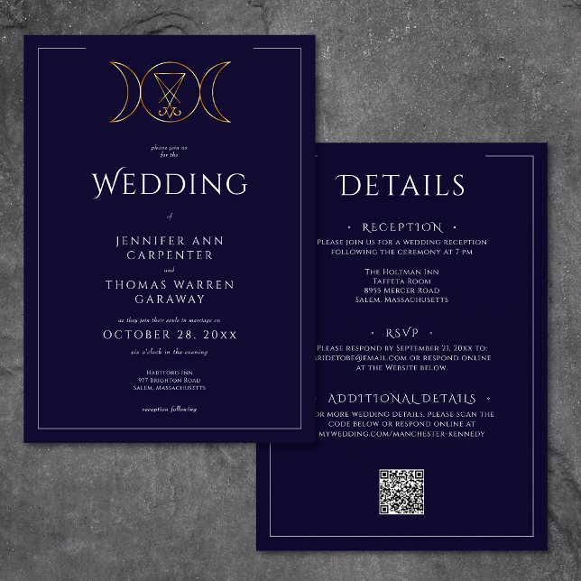 Triple Goddess Wiccan Moon Blue Wedding Two Sided Invitation (Triple Goddess Wiccan Moon Blue Wedding Two Sided Invitation)