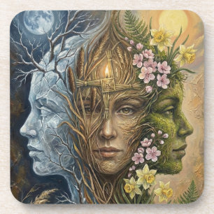 Triple Goddess Winter to Spring Imbolc Fantasy Art Coaster