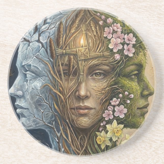 Triple Goddess Winter to Spring Imbolc Fantasy Art Coaster (Front)