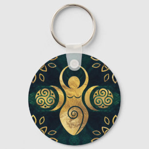 Triple Goddess with triskele - gold and green Keychain