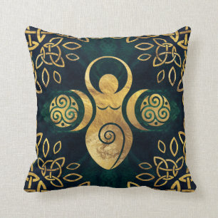 Triple Goddess with triskele - gold and green Throw Pillow