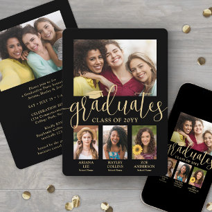 Triple Graduation Photo Collage Black & Gold Joint Announcement