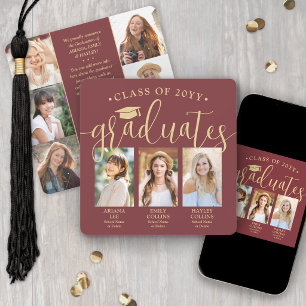 Triple Graduation Photo Collage Burgundy Red Joint Announcement