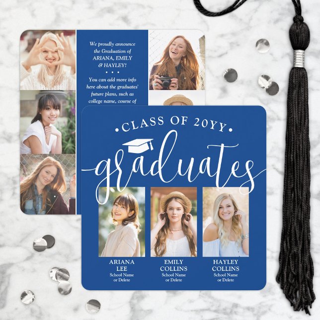 Triple Graduation Photo Collage Royal Blue Joint Announcement (Creator Uploaded)