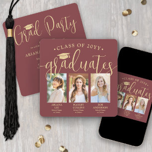 Triple Graduation Photos Burgundy Gold Joint Party Invitation