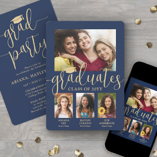 Triple Graduation Photos Navy & Gold Joint Party Invitation