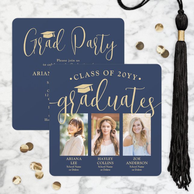 Triple Graduation Photos Navy & Gold Joint Party Invitation (Creator Uploaded)