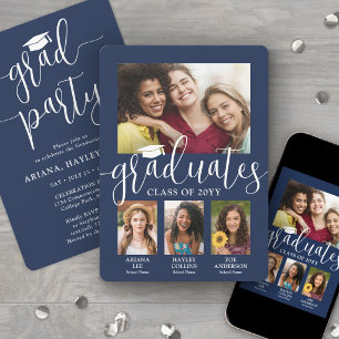 Triple Graduation Photos Navy & White Joint Party Invitation