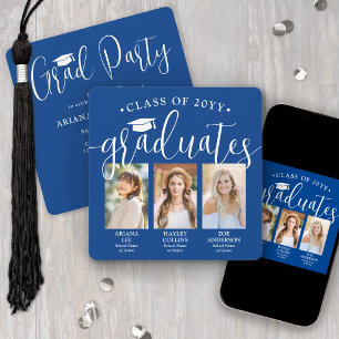 Triple Graduation Photos Royal Blue Joint Party Invitation