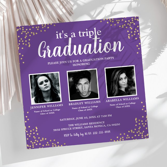 Triple Graduation Three Photo Purple Party Invitation (Creator Uploaded)