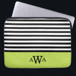 Triple Letter Monogram Green Black White Stripes Laptop Sleeve<br><div class="desc">Trendy,  chic,  girly,  black and white striped pattern with lime green colour block border featuring a triple monogram template for you to easily personalize with your first,  last and middle name initial letters.</div>