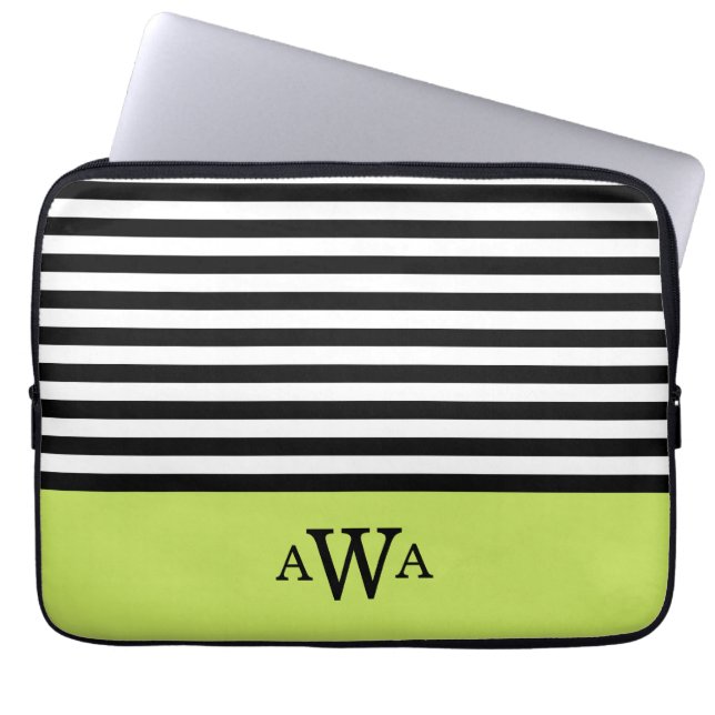 Triple Letter Monogram Green Black White Stripes Laptop Sleeve (Front)