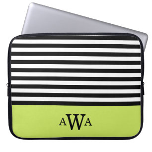Triple Letter Monogram Green Black White Stripes Laptop Sleeve