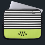 Triple Letter Monogram Green Black White Stripes Laptop Sleeve<br><div class="desc">Trendy,  chic,  girly,  black and white striped pattern with lime green colour block border featuring a triple monogram template for you to easily personalize with your first,  last and middle name initial letters.</div>