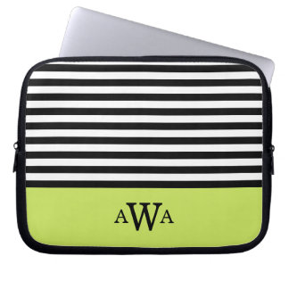 Triple Letter Monogram Green Black White Stripes Laptop Sleeve