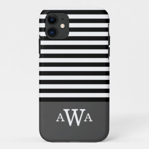 Triple Letter Monogram Grey Black White Stripes iPhone 11 Case