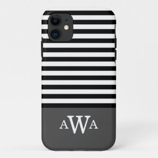 Triple Letter Monogram Grey Black White Stripes iPhone 11 Case