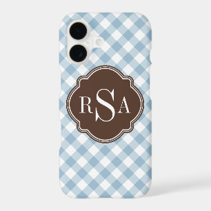 Triple Monogram Brown Blue Gingham Pattern