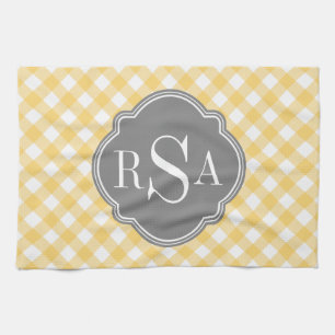 Triple Monogram Grey Yellow Gingham Pattern Kitchen Towel