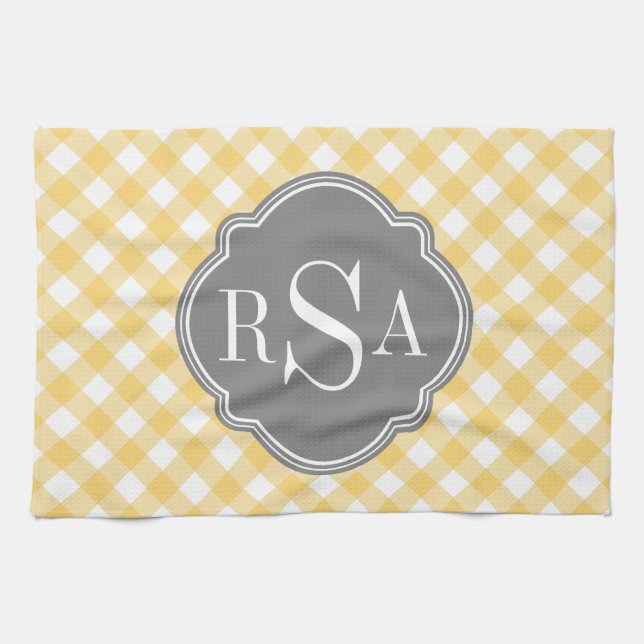 Triple Monogram Grey Yellow Gingham Pattern Kitchen Towel (Horizontal)