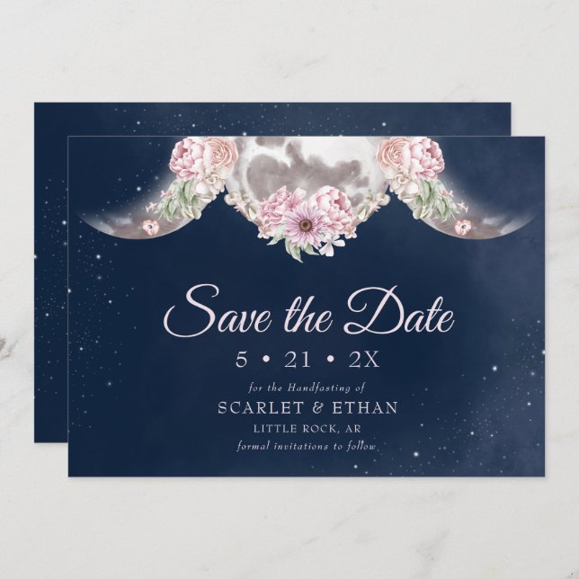 Triple Moon Dark Blue Night Sky Floral Handfasting Save The Date (Front/Back)