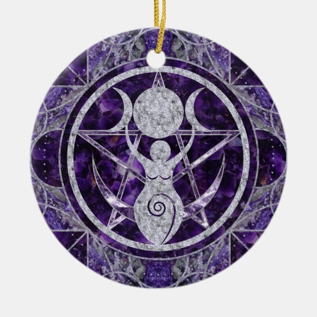 Triple Moon - Goddess -Amethyst and Silver Ceramic Ornament (Front)