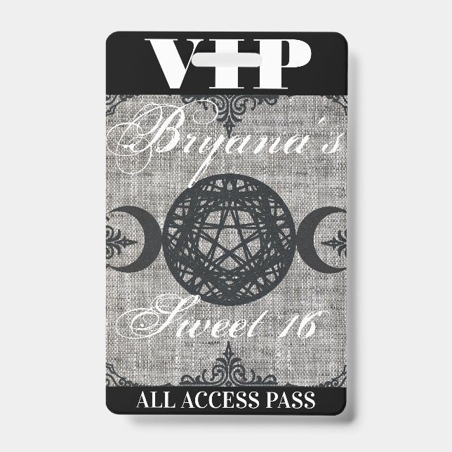 Triple Moon Goddess Burlap VIP Pass Birthday Party Badge (Front)