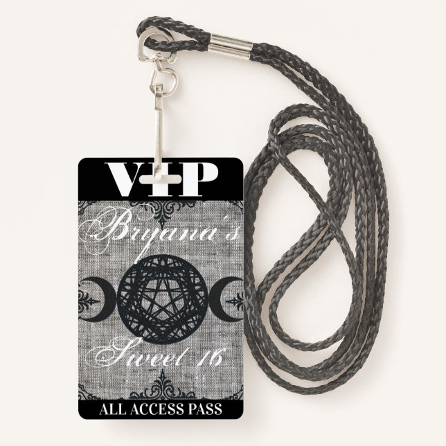 Triple Moon Goddess Burlap VIP Pass Birthday Party Badge (Front with Lanyard)