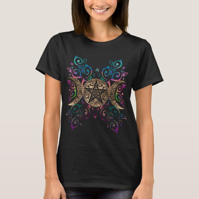 Triple Moon Goddess pentagram ornament T-Shirt (Front)