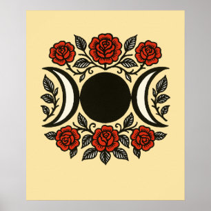 Triple Moon Goddess Symbol Red Roses Blooming Poster
