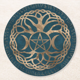 Triple Moon Goddess with pentagram Round Paper Coaster