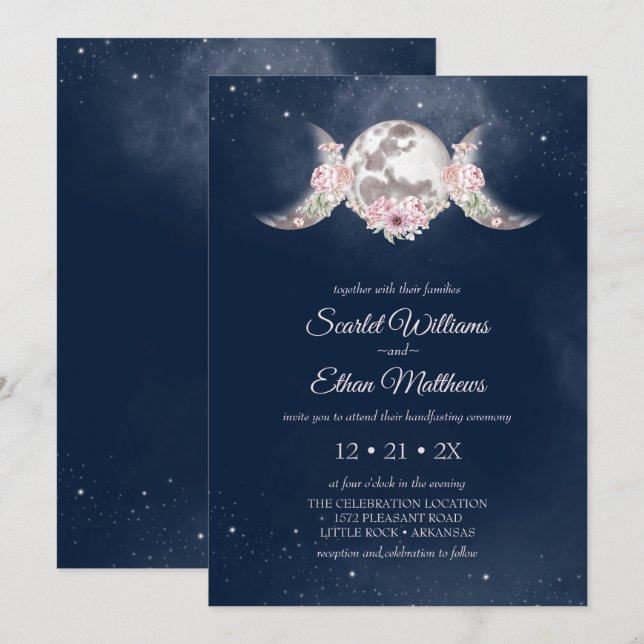 Triple Moon Midnight Blue Starry Sky Handfasting Invitation (Front/Back)