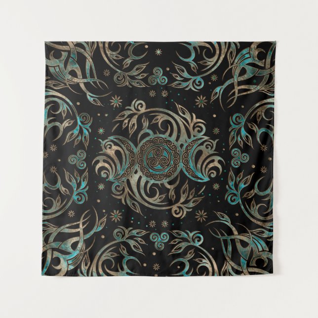 Triple Moon Shimmering Teal Tapestry (Front)