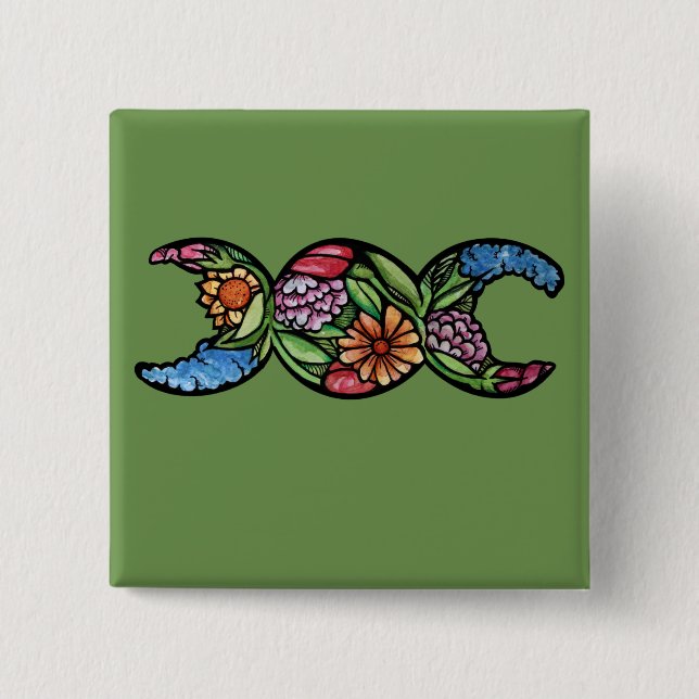 Triple Moon Symbol Bloom 2 Inch Square Button (Front)