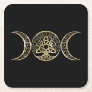 Triple Moon Tree of Life Triquetra Square Paper Coaster