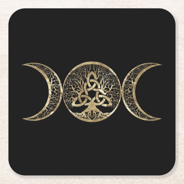 Triple Moon Tree of Life Triquetra Square Paper Coaster (Front)