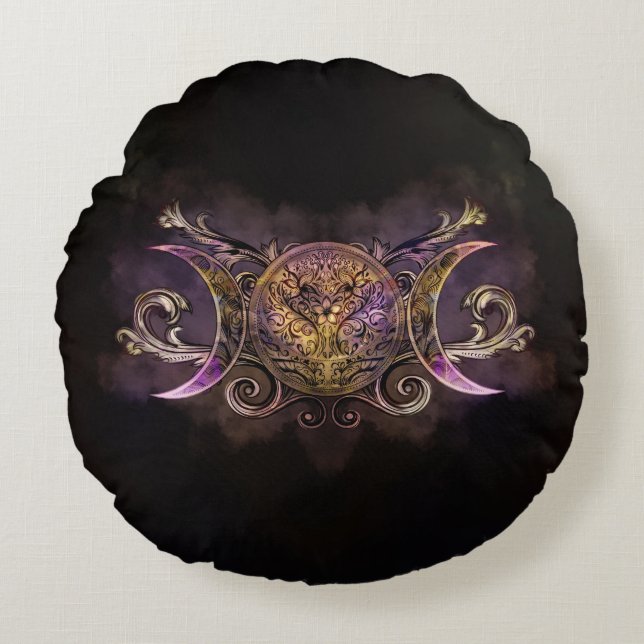 Triple Moon - Triple Goddess -Midnight shimmer Round Pillow (Front)