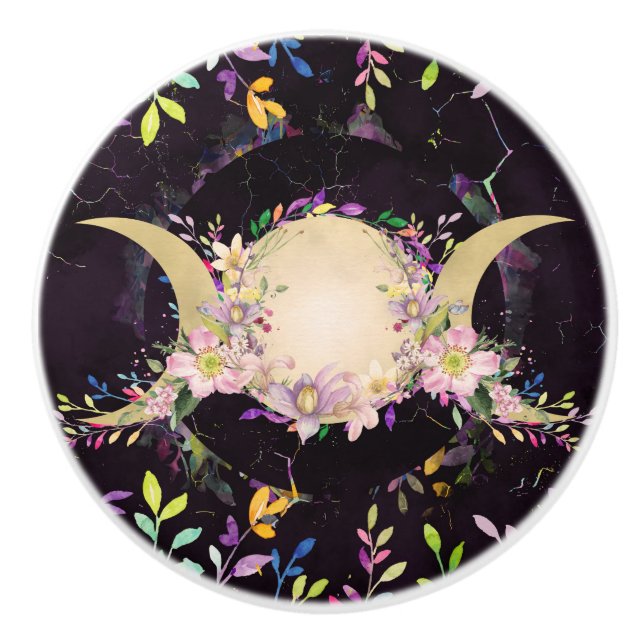 Triple Moon - Triple Goddess- Watercolor Ceramic Knob (Front)