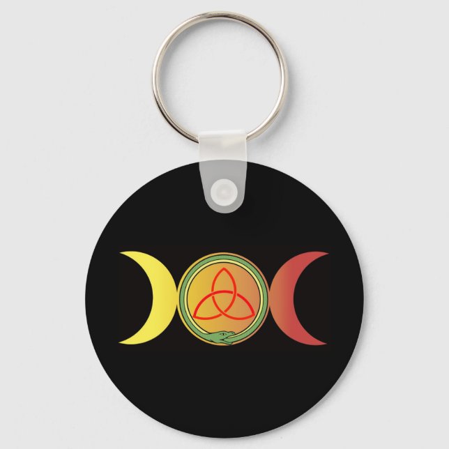 triple moon with green ouroboros and red triquetra keychain (Front)