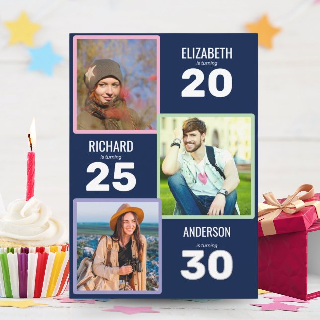 Triple Photo Blue and Silver Joint Birthday Party  Invitation (Creator Uploaded)