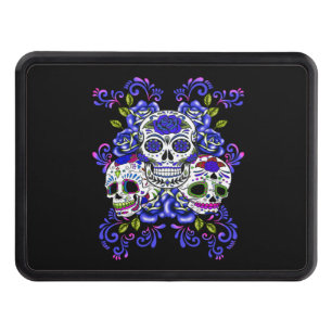 Triple Skull Blue Floral Sugar Skulls Trailer Hitch Cover