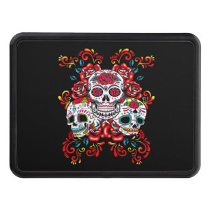 Triple Skull Red Floral Sugar Skulls Trailer Hitch Cover