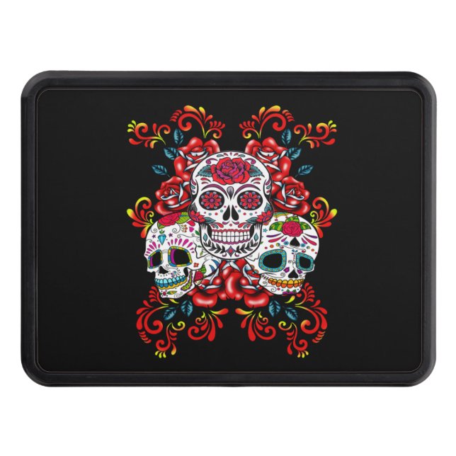 Triple Skull Red Floral Sugar Skulls Trailer Hitch Cover (Front)