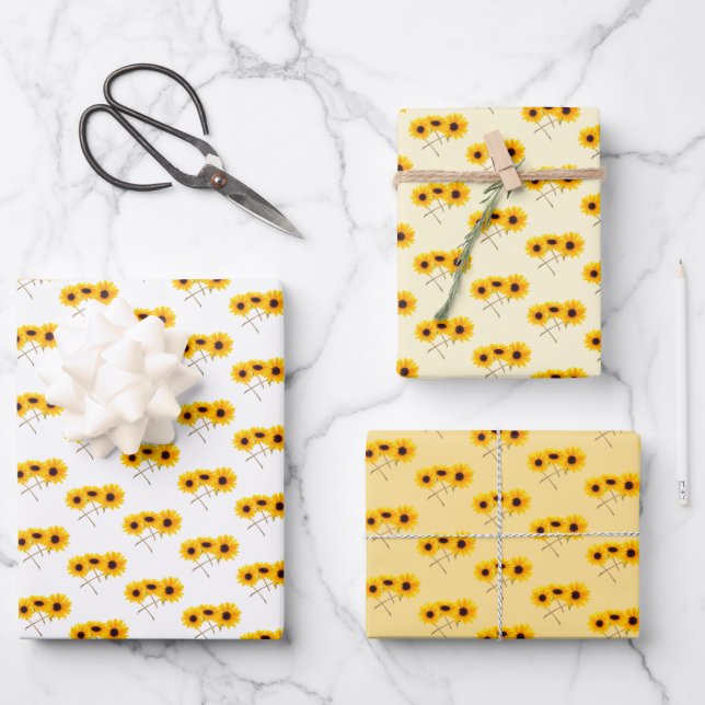  Triple Sunflower Pattern Over White Yellow Orange Wrapping Paper Sheet (Front)