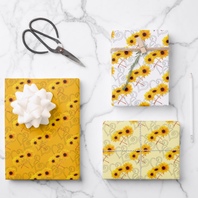 Triple Sunflower Photograph Heart Pattern Wrapping Paper Sheet (Front)