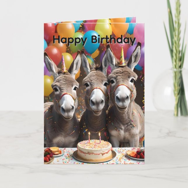 Triple the Joy: A Donkey Triplets' Birthday Bash Card (Front)