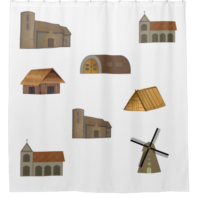 Triple Tree Anglo Saxon Buildings Shower Curtain (Front)