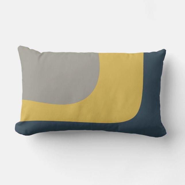 Triple Wave Minimalist Pattern Mustard Navy Grey Lumbar Pillow (Front)