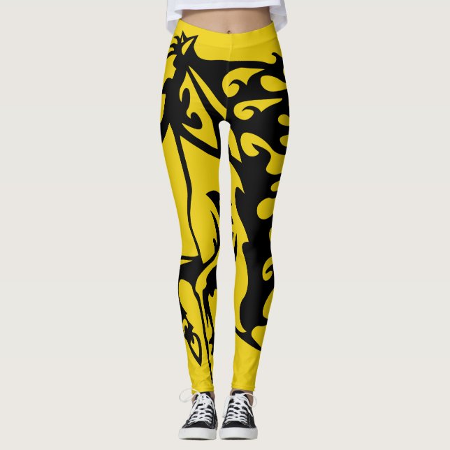 Triple Yellow Pony Horse Bronco Stallion Lineart Leggings (Front)