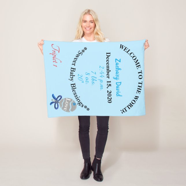 Triplet Baby Boy Personalized Fleece Blanket (In Situ)